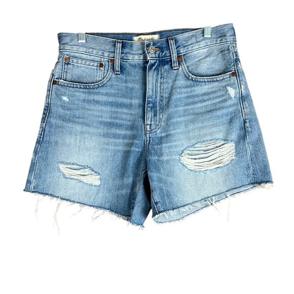 Madewell Womens Shorts Blue Denim Relaxed Mid Length Distressed 100% Cotton 25 - Picture 1 of 12